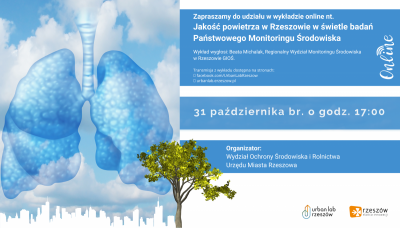 Plakat dot. wykładu online "Jakość powietrza w Rzeszowie w świetle badań Państwowego Monitoringu Środowiska"